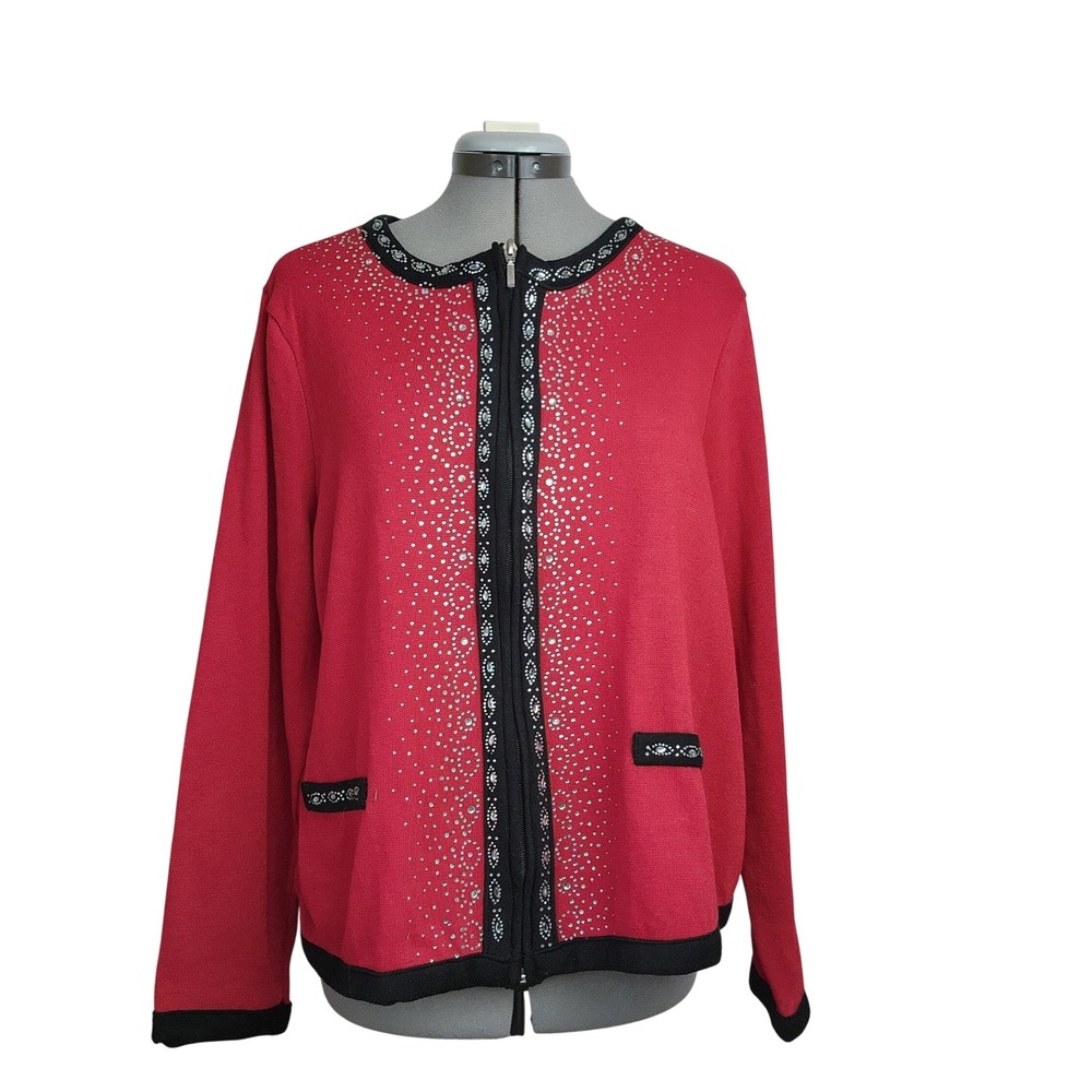 Cathy Daniels Red Embellished Zip Front‎ Cardigan Sweater Black Trim Large